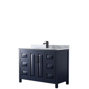 Daria 48 Inch Single Bathroom Vanity in Dark Blue White Carrara Marble Countertop Undermount Square Sink Matte Black Trim