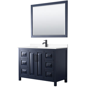 Daria 48 Inch Single Bathroom Vanity in Dark Blue White Cultured Marble Countertop Undermount Square Sink Matte Black Trim 46 Inch Mirror