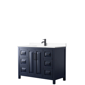 Daria 48 Inch Single Bathroom Vanity in Dark Blue White Cultured Marble Countertop Undermount Square Sink Matte Black Trim