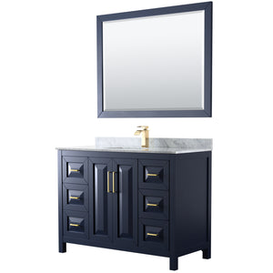 Daria 48 Inch Single Bathroom Vanity in Dark Blue White Carrara Marble Countertop Undermount Square Sink 46 Inch Mirror
