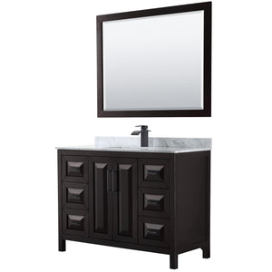 Daria 48 Inch Single Bathroom Vanity in Dark Espresso White Carrara Marble Countertop Undermount Square Sink Matte Black Trim 46 Inch Mirror