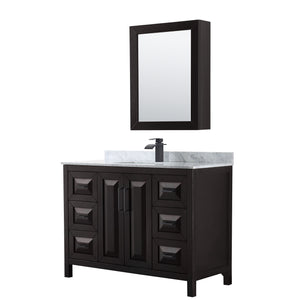 Daria 48 Inch Single Bathroom Vanity in Dark Espresso White Carrara Marble Countertop Undermount Square Sink Matte Black Trim Medicine Cabinet