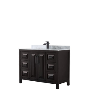 Daria 48 Inch Single Bathroom Vanity in Dark Espresso White Carrara Marble Countertop Undermount Square Sink Matte Black Trim