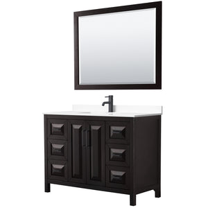 Daria 48 Inch Single Bathroom Vanity in Dark Espresso White Cultured Marble Countertop Undermount Square Sink Matte Black Trim 46 Inch Mirror
