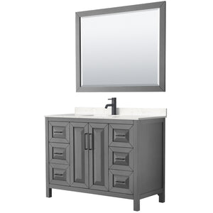 Daria 48 Inch Single Bathroom Vanity in Dark Gray Carrara Cultured Marble Countertop Undermount Square Sink Matte Black Trim 46 Inch Mirror
