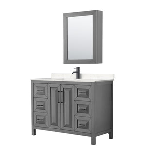 Daria 48 Inch Single Bathroom Vanity in Dark Gray Carrara Cultured Marble Countertop Undermount Square Sink Matte Black Trim Medicine Cabinet