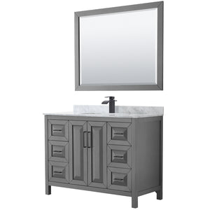 Daria 48 Inch Single Bathroom Vanity in Dark Gray White Carrara Marble Countertop Undermount Square Sink Matte Black Trim 46 Inch Mirror