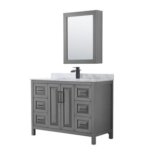Daria 48 Inch Single Bathroom Vanity in Dark Gray White Carrara Marble Countertop Undermount Square Sink Matte Black Trim Medicine Cabinet