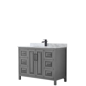 Daria 48 Inch Single Bathroom Vanity in Dark Gray White Carrara Marble Countertop Undermount Square Sink Matte Black Trim
