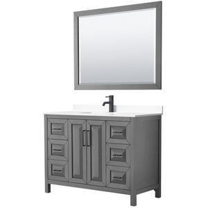 Daria 48 Inch Single Bathroom Vanity in Dark Gray White Cultured Marble Countertop Undermount Square Sink Matte Black Trim 46 Inch Mirror