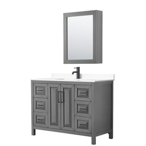 Daria 48 Inch Single Bathroom Vanity in Dark Gray White Cultured Marble Countertop Undermount Square Sink Matte Black Trim Medicine Cabinet