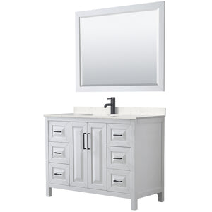 Daria 48 Inch Single Bathroom Vanity in White Carrara Cultured Marble Countertop Undermount Square Sink Matte Black Trim 46 Inch Mirror
