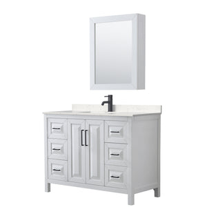 Daria 48 Inch Single Bathroom Vanity in White Carrara Cultured Marble Countertop Undermount Square Sink Matte Black Trim Medicine Cabinet