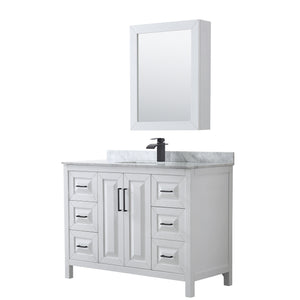 Daria 48 Inch Single Bathroom Vanity in White White Carrara Marble Countertop Undermount Square Sink Matte Black Trim Medicine Cabinet