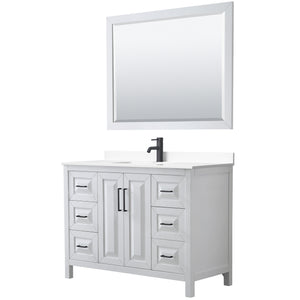 Daria 48 Inch Single Bathroom Vanity in White White Cultured Marble Countertop Undermount Square Sink Matte Black Trim 46 Inch Mirror
