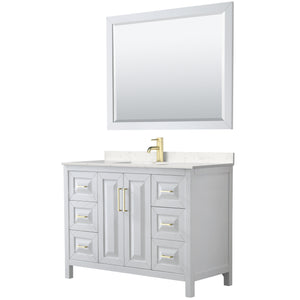 Daria 48 Inch Single Bathroom Vanity in White Carrara Cultured Marble Countertop Undermount Square Sink 46 Inch Mirror Brushed Gold Trim
