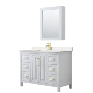 Daria 48 Inch Single Bathroom Vanity in White Carrara Cultured Marble Countertop Undermount Square Sink Medicine Cabinet Brushed Gold Trim