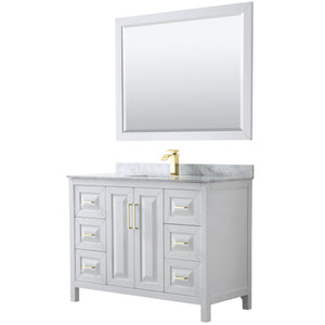 Daria 48 Inch Single Bathroom Vanity in White White Carrara Marble Countertop Undermount Square Sink 46 Inch Mirror Brushed Gold Trim