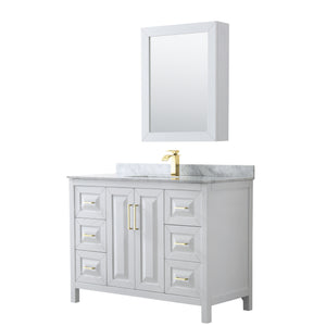Daria 48 Inch Single Bathroom Vanity in White White Carrara Marble Countertop Undermount Square Sink Medicine Cabinet Brushed Gold Trim