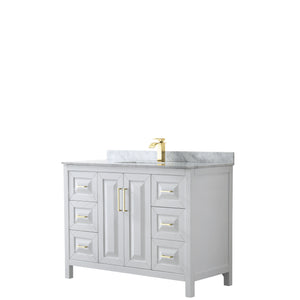 Daria 48 Inch Single Bathroom Vanity in White White Carrara Marble Countertop Undermount Square Sink Brushed Gold Trim