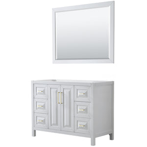 Daria 48 Inch Single Bathroom Vanity in White No Countertop No Sink 46 Inch Mirror Brushed Gold Trim