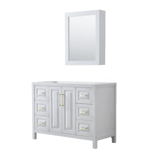 Daria 48 Inch Single Bathroom Vanity in White No Countertop No Sink Medicine Cabinet Brushed Gold Trim