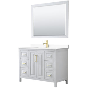Daria 48 Inch Single Bathroom Vanity in White White Cultured Marble Countertop Undermount Square Sink 46 Inch Mirror Brushed Gold Trim