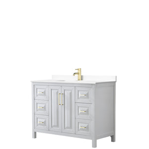 Daria 48 Inch Single Bathroom Vanity in White White Cultured Marble Countertop Undermount Square Sink Brushed Gold Trim