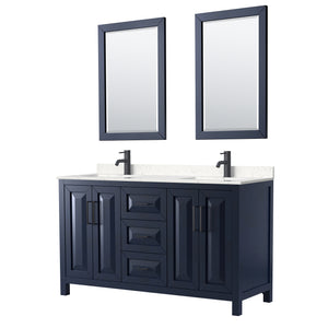 Daria 60 Inch Double Bathroom Vanity in Dark Blue Carrara Cultured Marble Countertop Undermount Square Sinks Matte Black Trim 24 Inch Mirrors