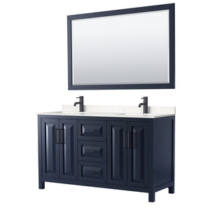 Daria 60 Inch Double Bathroom Vanity in Dark Blue Carrara Cultured Marble Countertop Undermount Square Sinks Matte Black Trim 58 Inch Mirror
