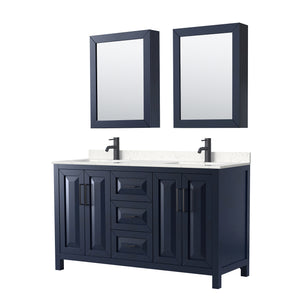 Daria 60 Inch Double Bathroom Vanity in Dark Blue Carrara Cultured Marble Countertop Undermount Square Sinks Matte Black Trim Medicine Cabinets