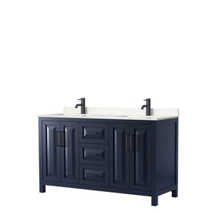 Daria 60 Inch Double Bathroom Vanity in Dark Blue Carrara Cultured Marble Countertop Undermount Square Sinks Matte Black Trim