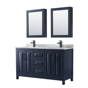 Daria 60 Inch Double Bathroom Vanity in Dark Blue White Carrara Marble Countertop Undermount Square Sinks Matte Black Trim Medicine Cabinets