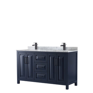 Daria 60 Inch Double Bathroom Vanity in Dark Blue White Carrara Marble Countertop Undermount Square Sinks Matte Black Trim