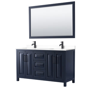 Daria 60 Inch Double Bathroom Vanity in Dark Blue White Cultured Marble Countertop Undermount Square Sinks Matte Black Trim 58 Inch Mirror