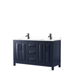 Daria 60 Inch Double Bathroom Vanity in Dark Blue White Cultured Marble Countertop Undermount Square Sinks Matte Black Trim