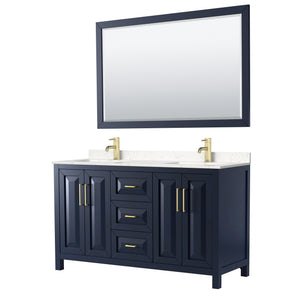 Daria 60 Inch Double Bathroom Vanity in Dark Blue Carrara Cultured Marble Countertop Undermount Square Sinks 58 Inch Mirror