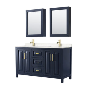 Daria 60 Inch Double Bathroom Vanity in Dark Blue Carrara Cultured Marble Countertop Undermount Square Sinks Medicine Cabinets