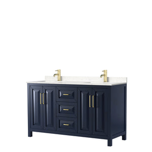 Daria 60 Inch Double Bathroom Vanity in Dark Blue Carrara Cultured Marble Countertop Undermount Square Sinks No Mirror