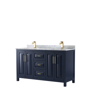 Daria 60 Inch Double Bathroom Vanity in Dark Blue White Carrara Marble Countertop Undermount Square Sinks No Mirror