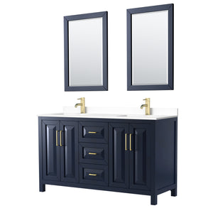 Daria 60 Inch Double Bathroom Vanity in Dark Blue White Cultured Marble Countertop Undermount Square Sinks 24 Inch Mirrors