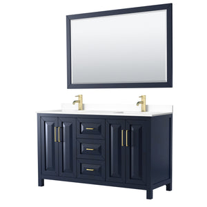 Daria 60 Inch Double Bathroom Vanity in Dark Blue White Cultured Marble Countertop Undermount Square Sinks 58 Inch Mirror