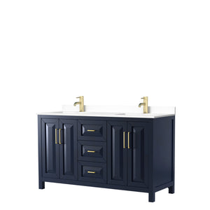 Daria 60 Inch Double Bathroom Vanity in Dark Blue White Cultured Marble Countertop Undermount Square Sinks No Mirror
