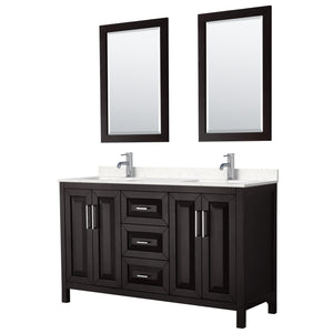 Daria 60 Inch Double Bathroom Vanity in Dark Espresso Carrara Cultured Marble Countertop Undermount Square Sinks 24 Inch Mirrors