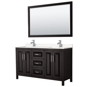 Daria 60 Inch Double Bathroom Vanity in Dark Espresso Carrara Cultured Marble Countertop Undermount Square Sinks 58 Inch Mirror
