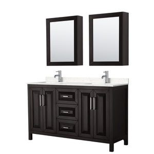 Daria 60 Inch Double Bathroom Vanity in Dark Espresso Carrara Cultured Marble Countertop Undermount Square Sinks Medicine Cabinets