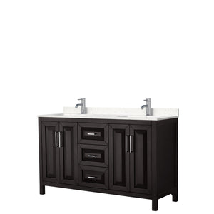 Daria 60 Inch Double Bathroom Vanity in Dark Espresso Carrara Cultured Marble Countertop Undermount Square Sinks No Mirror