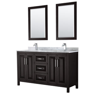 Daria 60 Inch Double Bathroom Vanity in Dark Espresso White Carrara Marble Countertop Undermount Square Sinks and 24 Inch Mirrors