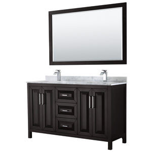 Daria 60 Inch Double Bathroom Vanity in Dark Espresso White Carrara Marble Countertop Undermount Square Sinks and 58 Inch Mirror