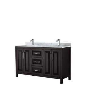 Daria 60 Inch Double Bathroom Vanity in Dark Espresso White Carrara Marble Countertop Undermount Square Sinks and No Mirror